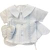 This adorable heirloom quality baby boys set comes with the cutest beret, blouse, bloomers and soft shoes. The knit features gorgeous blue embroidery  on soft white. The top has has short sleeves,the cutest buttons and a puritan collar. Made in Columbia Sold by Alz's Baby Boutique