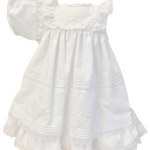 Delicate heirloom dress has layers of delicate lace trim, with beautiful embroidered flowers and tiny pearl accent. Has rows of pleated details around the entire dress. Buttons and ties at the back with sash bow. Made in Columbia Poly cotton blend Sold by Alz's Baby Boutique