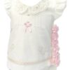 This sweet ivory dress set has the most intricate lace collar, pink embroidered flower details and pink dainty ribbons inserted along the border of the dress. Includes a matching pair of bloomers and a pink flowered headband with pearl accents. 65% polyester, 35% cotton Made in Columbia sold by Alz's Baby Boutique