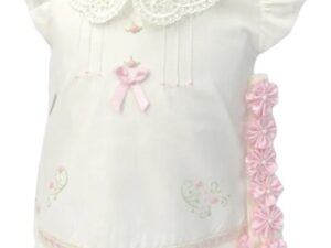 This sweet ivory dress set has the most intricate lace collar, pink embroidered flower details and pink dainty ribbons inserted along the border of the dress. Includes a matching pair of bloomers and a pink flowered headband with pearl accents. 65% polyester, 35% cotton Made in Columbia sold by Alz's Baby Boutique