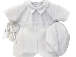 This is a stunning baby boys short sleeve christening romper set! Comes with an adorable newsboy cap and laced soft shoes. Featuring an elegant embroidered dove details, pleated bottoms with buttons and a classic winged collar.  Made in Columbia Poly cotton Sold by Alz's Baby Boutique