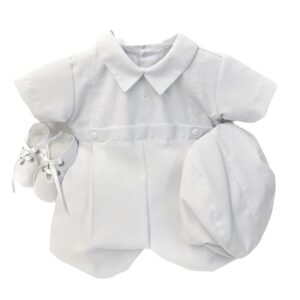 This is a stunning baby boys short sleeve christening romper set! Comes with an adorable newsboy cap and laced soft shoes. Featuring an elegant embroidered dove details, pleated bottoms with buttons and a classic winged collar.  Made in Columbia Poly cotton Sold by Alz's Baby Boutique