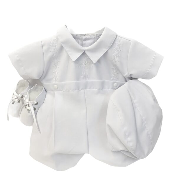 This is a stunning baby boys short sleeve christening romper set! Comes with an adorable newsboy cap and laced soft shoes. Featuring an elegant embroidered dove details, pleated bottoms with buttons and a classic winged collar.  Made in Columbia Poly cotton Sold by Alz's Baby Boutique