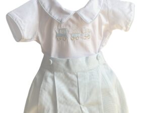 This is simply the cutest white with blue, baby boys two piece heirloom embroidered romper set! Featuring adorable embroidered bears and bunny on a blue embroidered train. A handsome white blouse with a blue stripe border piping . Elastic back on blue romper with a peter pan collar. Made in Columbia 65% Polyester, 35% Cotton Size- Newborn Sold by Alz's Baby Boutique