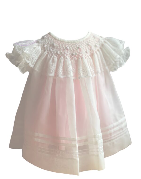 Sweet Sheer Ivory & Pink Overlay Dress, sold by Alz’s Nursery